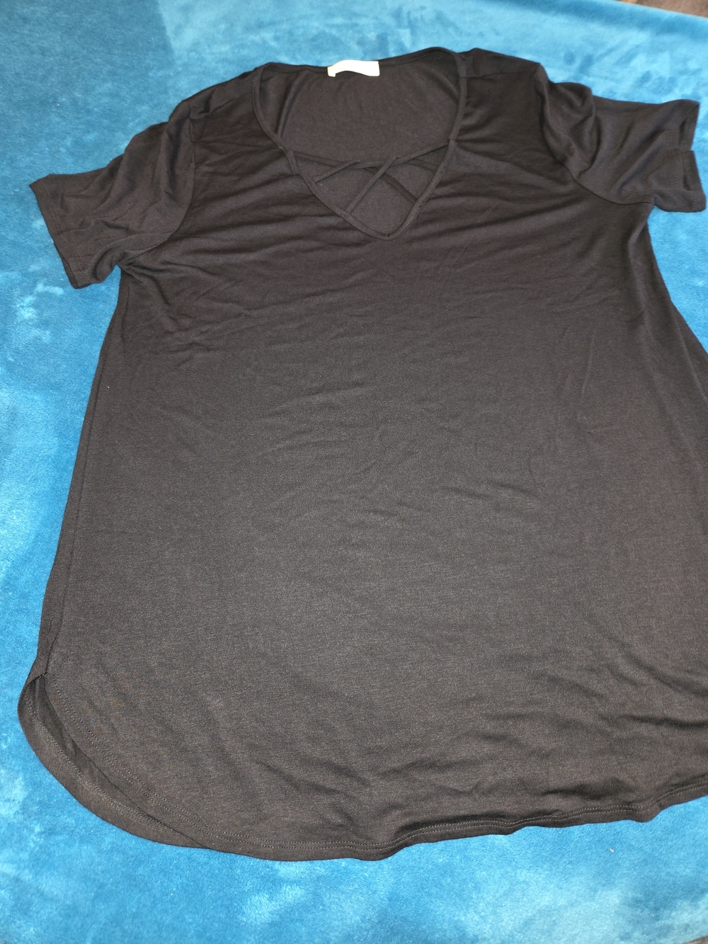 Black Short Sleeve Crisscross V-Neck Women's Top